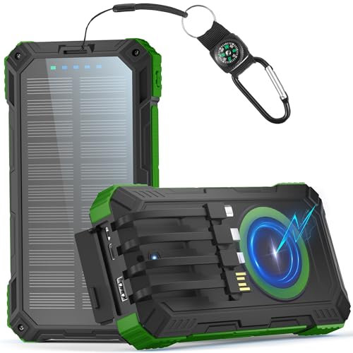 56800mAh Power Bank Solare Wireless, 30W Power Bank Ricarica Rapida, Caricatore Portatile con 4 Cavi Integrati, 6 Uscite, Torcia, Powerbank per Campeggio, Outdoor, Cellulare, Tablet (Verde)