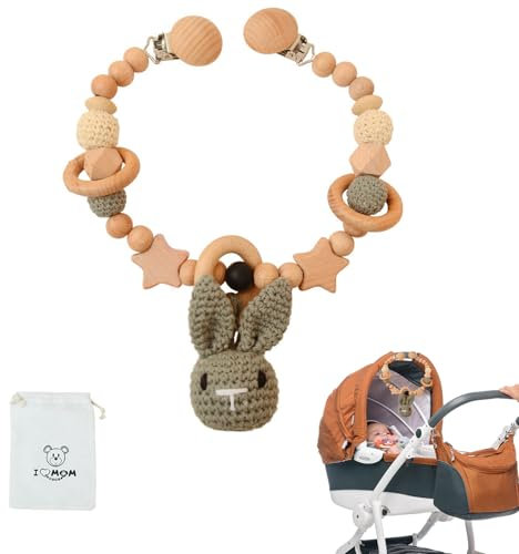 chiquieray Kinderwagenkette Holz Baby,Kinderwagen Kette für Babys,Kinderwagen Spielzeug,Cartoon Tiere Kinderwagenkette mit Glocken,Geschenk zur Geburt für Neugeborenen Mädchen Junge