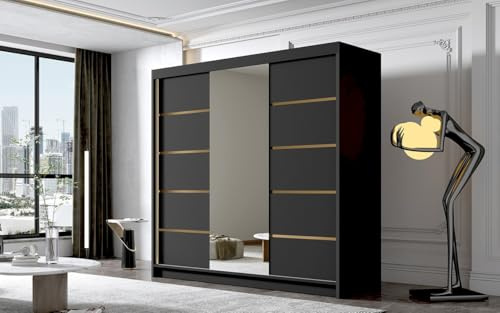 Gaba furniture Gold Series 200 cm Sliding Door Black Wardrobe with Mirror Widths 100/120/150/180/200/250 cm Furniture for Bedroom Living Room Wardrobe with Hanging Rail