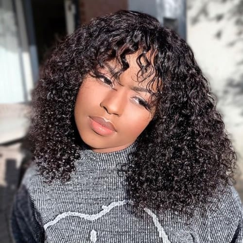 16 Pouces Perruque Femme Brésilien Bouclée De Cheveux Humain Avec Frange Sans Colle Curly Wig With Bangs Human Hair Glueless Wig No Lace Bouclée Perruque Femme Courte Noir Naturel