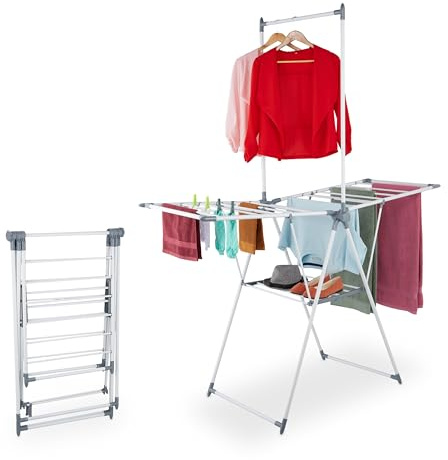 Relaxdays foldable airer, clothes rail, 15 m drying length, HxWxD: 199 x 155 x 69 cm, steel, space-saving, white