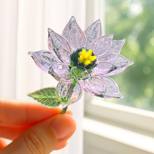 Luvlewen Glass Birth Month Flower, Handmade Blown Glass Flower Birthday Gift for Mother Father Friends (July - Water Lily)
