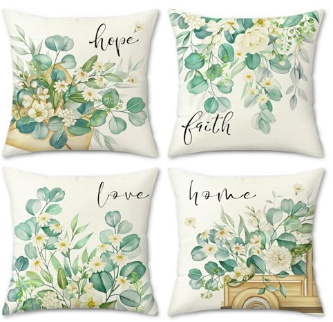 COZZSNUGE Eukalyptus Blätter Kissenbezüge 45 x 45 cm, Frühling Grün Pflanzen LKW Polyester Dekorative Kissenhülle Zierkissenbezüge für Sofa Wohnzimmer Zuhause 4er Set