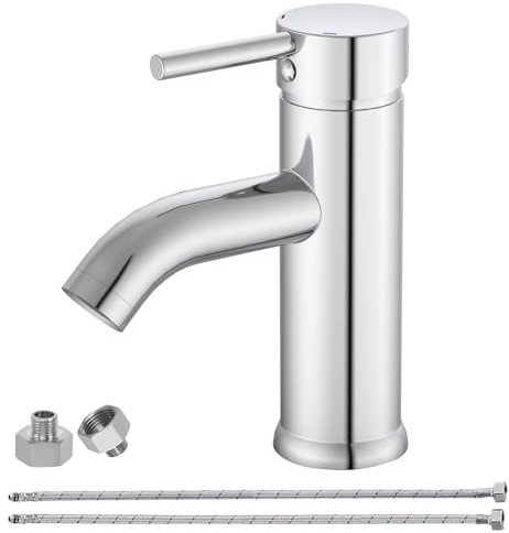 Chrom Wasserhahn Bad Messing Waschbecken Armaturen Mischbatterie | Einhebelmischer Mischbatterie Waschbecken mit G3/8 Schlauch & G1/2 Adapter Armatur für Bad Küche 75 mm Auslaufhöhe BATHLAVISH