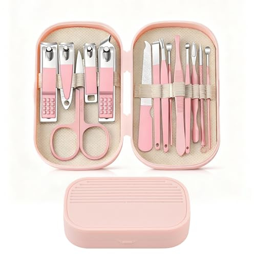 ILOVMUP 14PCS Small Manicure Set for Women, Nail Clippers with Travel Case | Stainless Steel Nail Clipper Set for Women, Portable Nail Care Kits with Hand, Foot and Face Care Tools, Small Size, Pink