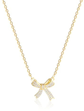 MOTIBACK Halskette Damen, Goldene Schleifen-Anhänger-Kette mit Zirkon-Steinen, 43+5.4 cm Verstellbare Legierungs-Kette, Elegante Goldkette für Frauen & Mädchen