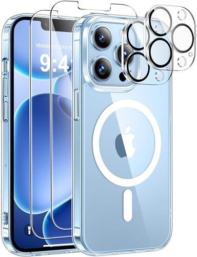 ivencase Magnetic for iPhone 13 Pro Max Case with 2 Pack Screen Protector and 2 Pack Camera Lens Protector, Compatible with MagSafe, Shockproof Protective Clear Back Phone Case 6.7 Inch -Clear