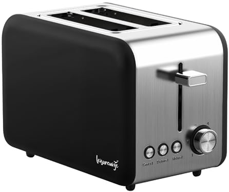 Leisurewize -2 Slice Toaster Black with 6 Browning Levels, Extra Wide Slots, Defrost & Reheat Functions, Stainless Steel Body & Removable Crumb Tray