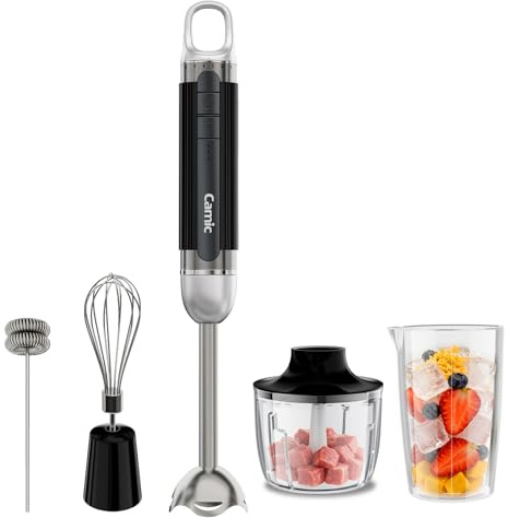 Camic 4-in-1 Stabmixer, Kabelloses Elektrische Stabmixer mit 6-Stufiger + Turbo, Inklusive Edelstahl-Mixfuß, Schneebesen, Milchaufschäumer und 500ml Lebensmittelhacker für Suppen und Milchshake