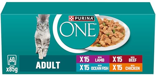 Purina One Adult Sorten-Mix Katzenfutter nass mit Huhn, Rind, Lamm und Hochseefisch in Sauce, für mehr Vitalität, 60er Pack (60 x 85g)