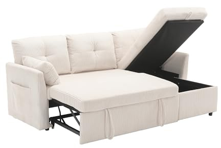 Modulares Schlafsofa 3-Sitzer mit Stauraum – Cord-Sofa mit Schlaffunktion & ausziehbarer Liege | L-förmiges Sofabett für Wohnzimmer | Schlafcouch mit verstecktem Bettkasten & Seitentaschen, Beige