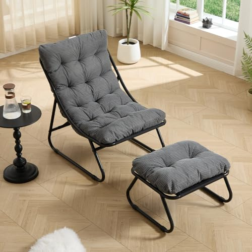LIFEISLE Ohrensessel Loungestuhl mit Fußstütze, Lazy Chair mit Ottoman, Relaxsessel ohne Armlehnen, Liegenstuhl Lesesessel für Wohnzimmer Cord Grau