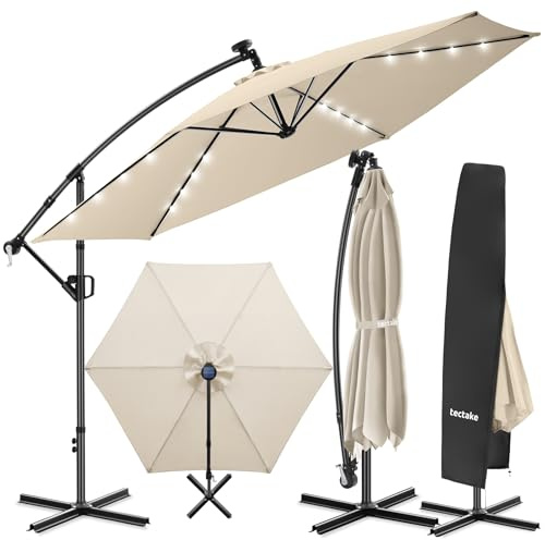 tectake® Parasol déporté, 3,5 x 3,5 m avec Eclairage LED, Pivotant à 360°, Inclinable 90° à 135°, UV 50+, Panneau solaire, Parasol de jardin exterieur, Terrasse, Balcon, Piscine, Housse de protection