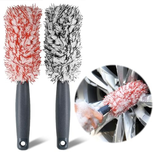 Aienio 2 Pack Alloy Wheel Brush Set, 30cm Microfiber Car Brush for Wheels | Soft No Scratch, Rims Cleaner, for Washing Auto Motorcycles Detailing Cleaning, Enthusiasts Professional Detailers Home Users