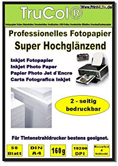 BEIDSEITIG 50 Blatt Fotopapier Photopapier DIN A4 160g /qm - beidseitig Glossy (glaenzend) - sofort trocken - wasserfest - hochweiß - sehr hohe Farbbrillianz Fuer Inkjet Drucker (Tintenstrahldrucker)