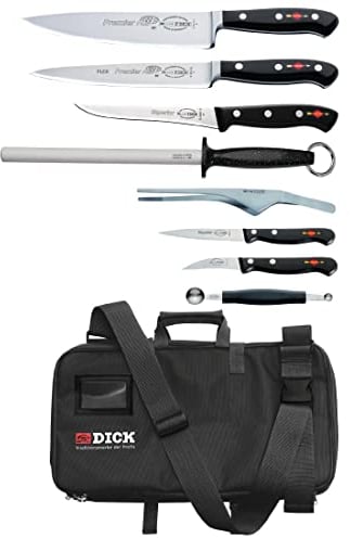 F. DICK Culinary Bag 8-teilig (inkl. Küchenmesser, Fruchtausstecher + Wetzstahl, für bis zu 34 Messer, Textilstoff abwaschbar, Maße 48x25 cm) 81017900, Schwarz
