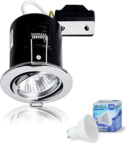 MiniSun | Fire Rated Polished Chrome Tiltable GU10 Recessed Ceiling Downlight | Ceiling Spots, Home Décor & Improvement Essential | Includes 5W LED Bulb [6500K Cool White] | Mains Wired