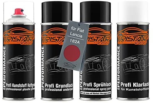 TRISTARcolor Autolack Spraydosen Set für Kunststoff Stoßstange für Fiat/Lancia 182A Rosso Ribes Metallic Haftgrund Grundlack Basislack Klarlack mit Weichmacher Sprühdose