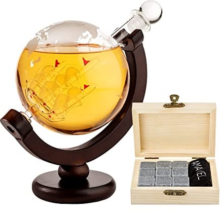 AMAVEL Whiskyset Karaffe Globus Segelschiff, Mit luftdichtem Verschluss, Inklusive 9 Whiskysteinen in Holzbox