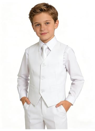 YuanLu Boys Suits White Slim Fit Size 6 Tuxedo Suits for Kids First Communion Formal Outfit Wedding Dresswear Ring Bearer Dress Clothes Teens Youth Toddler Boy Suit Set with Dress Pants Vest Shirt