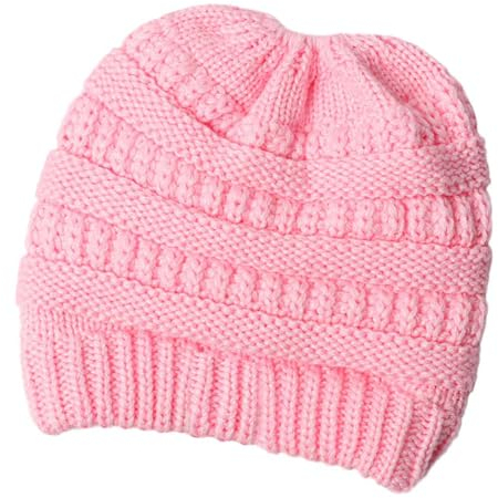 Markcur Damen Beanie Strickmütze Gestrickt Verdicken Hut Warme mit Zöpfen Loch Loop Wintermütze für Pferdeschwanz Rosa