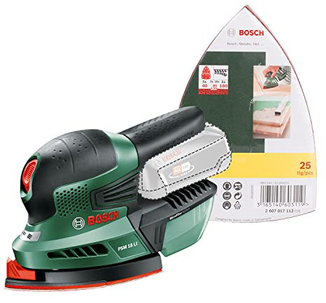 Bosch PSM 18 LI Levigatrice Palmare con Batteria al Litio, Corpo Macchina + Set di Fogli Abrasivi per Levigatrice Palmare