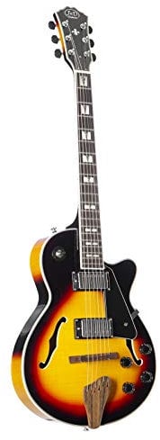 J&D SA Mini Halbakustik Gitarre, Sunburst, Hollow Body, Riegelahorn Decke, Ahorn Hals, Palisander Griffbrett, 20 Medium Bünde, Humbucker Tonabnehmer, Chrom Hardware, Hochglanz Finish, Multicolour