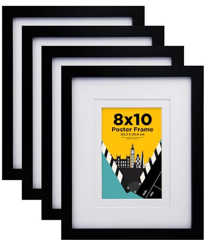 EGOFINE 10x8 Photo Frames Set of 4, Solid Wood Frames with Acrylic Glass,Matted for 7x5 inch,10x8 Picture Frames for Tabletop and Wall Mounting,20x25cm Poster frames for Printing,Black