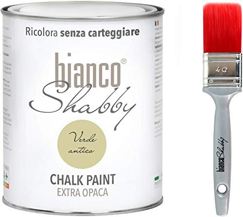 CHALK PAINT Verde Antico & PENNELLO - Pittura Shabby Chic Vintage EXTRA OPACA (1 Litro) + 1 Pennello Professionale (40 mm)