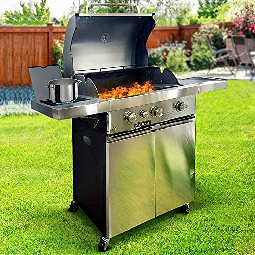 BAKAJI Barbecue a Gas e Pietra Lavica 3 Fuochi Bruciatori 9kw Griglia 59x40cm con Piano d'appoggio e Fornello 2kw Laterali 4 Ruote e Coperchio Grill BBQ per Esterno Giardino Terrazzo