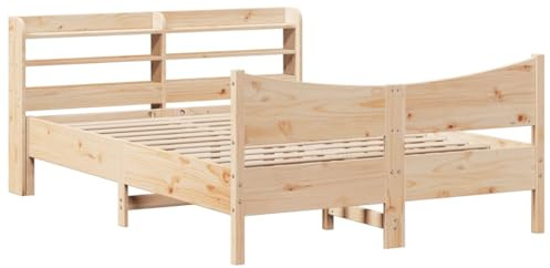 Xhnifnb Massivholzbett Kiefer 150x200 cm mit Kopfteil und Regalfächern, freistehendes rustikales Bettgestell für Schlafzimmer, Kolonialstil, robuste Lattenrostkonstruktion
