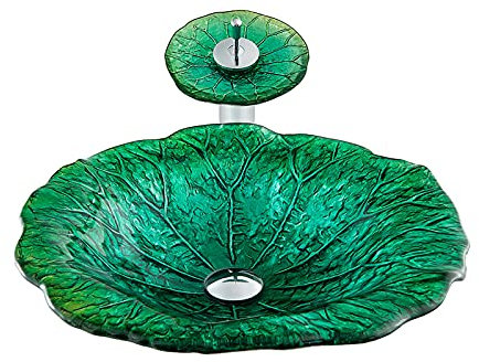SHUGUANG Gehärtetes Glas Waschbecken, Aufsatzwaschbecken Glas Aufsatz Waschschale Waschtisch Blütenform Waschbecken Waschschale, Handwaschbecken mit Wasserfall Wasserhahn, 470×470×128mm,Grün