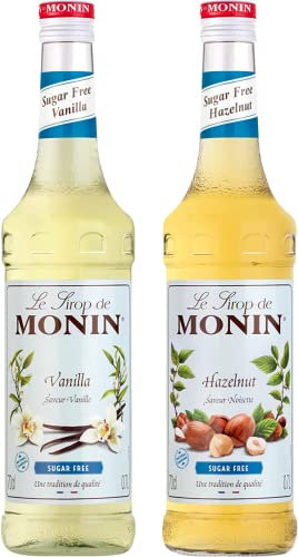 MONIN - Assortiment Vanille & Noisette Sans Sucre - Pour Café, Chocolat Chaud, Capuccino ou Latte - Arômes Naturels - Bouteille en Verre - 2 x 70 cl