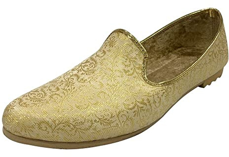 Shoe Bazar Punjabi Jutti for Men's Traditional Mojaris Shoes Cream Gold Wedding Groom Indian Handmade Ethnic Jooti, 12