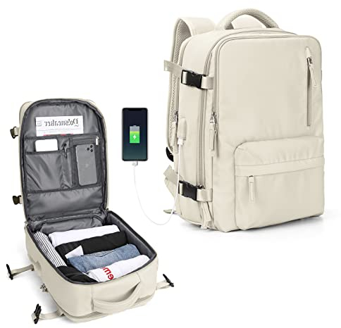 SZLX Ryanair Handgepäck Rucksack Damen für Flugzeug Untersitz Kabinentasche Reiserucksack Handgepäck Flugzeug Easyjet Rucksack Wasserdicht Herren mit Schuhfach für 14-Zoll-Laptops,Beige