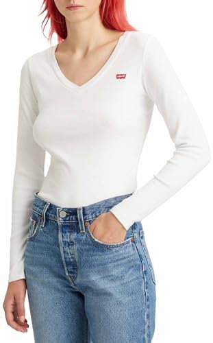 Levi's Women's Long-Sleeve V-Neck Baby Tee T-Shirt, White +, M