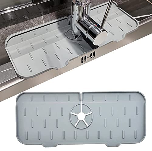 Silicone Faucet Absorbent Mat, Protector for Kitchen and Bathroom Sink, Drying Mat for Kitchen Counter, Sink Splash Guard, Faucet Handle Drip Catcher Tray, Drying Pad (Grey)