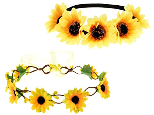 FRCOLOR 2er Set Sonnenblumen Stirnband Und Krone, Verstellbares Blumen Haarband Elastisch Floral Haarbänder FüR Hochzeiten, Festivals Und Partys