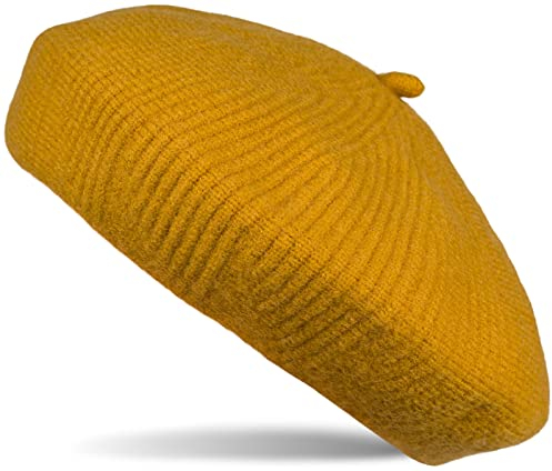 styleBREAKER Damen Feinstrick Baskenmütze mit dezentem Streifen Muster, Winter, Barett, Béret, Franzosen Mütze 04024200, Farbe:Curry