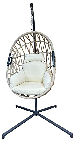 Rebecca Mobili Hängesessel, Außenbereich-Schaukelstuhl, Polyrattan Stahl, Mit Kissen, Selbsttragend - Maße HxBxT: 200 x 128 x 128 cm (Beige)