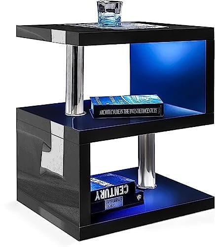 High Gloss Coffee Table Small Side Table Coffee End Table with LED RGB Lights Coffee Table for Living Room, 2 Tier Storage Shelves S Shape Rectangle Table with Home Office Furniture 44L x 38W x 57H cm