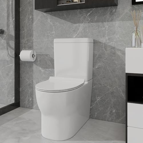 Robanmoa Modern Close Coupled Toilet Back to Wall Comfort Elongated Bathroom Toilets White Ceramic WC Pan Soft Close Seat & Dual Flush Cistern Oval Style Toilet WC