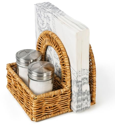 Aevtih Stylish Rattan Napkin Holder with Salt and Pepper Shakers Holder - Perfect Tabletop Organizer for Kitchen - Ideal for Paper Napkins (Without Salt, Pepper Shakers & Napkins)