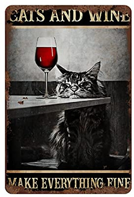 Ensound Vintage-Katzen-Wein Dekorative Metallschild, 20 x 30 cm, Aluminium Eisen Metall, Wandmontage, Cat and Wine Make Everything Right
