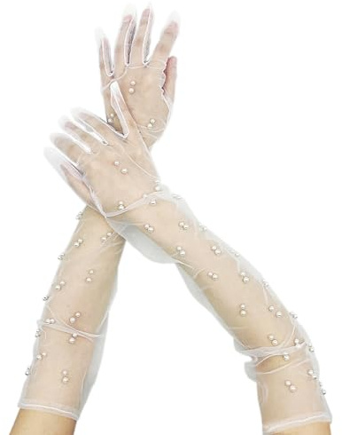 SLEEKEE 1 paio di guanti con perle, guanti lunghi in tulle con perle, guanti in pizzo da donna, bianchi, guanti da sposa per donne, spose, ragazze