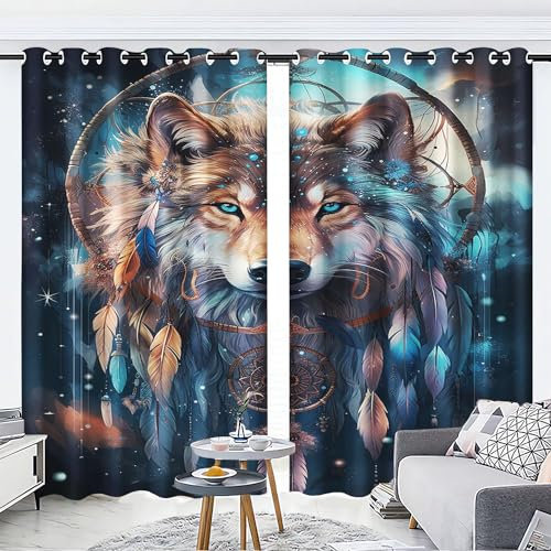 WEQEER Verdunklungsvorhänge Mit Ösen 3D Wolf Vorhänge Dschungeltier Druck Fenstervorhang Für Jungen Und Mädchen Schlafzimmer Kinderzimmer (2,100x140cm(2x50x140cm))