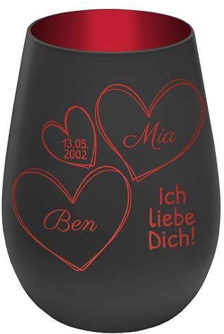 Windlicht mit Gravur ''In Liebe vereint'' - Schwarz/Rot - Glas Teelichthalter personalisierbar mit Wunschtext - Geschenk zu Valentinstag Hochzeit Verlobung Jahrestag