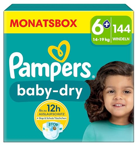 Pampers Baby-Dry Größe 6+, 144 Windeln, 14kg-19kg, Bis zu 100% Auslaufschutz & Komfort die ganze Nacht