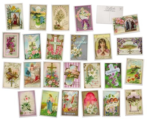 Jesus & Kreuze Vintage-Osterpostkarten, 24 religiöse Osterkarten, 24 verschiedene Designs, Retro-Osterkarten, gedruckt auf antikem, strukturiertem Karton, ideal für christliche Osterparty,