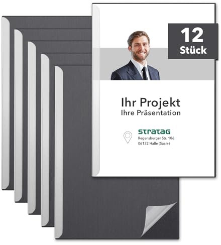 STRATAG Klemmmappen Klemmschienen-Set mit transparentem Deckel aus PP Kunststoff sowie Binderücken aus stabilem 320 g/m² Karton (Graphitgrau, 12 Stück)